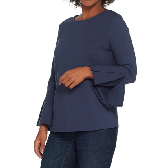 Martha Stewart Tops - Martha Stewart Blue Ponte Top w/ Bracelet Bell Sleeves Size XS